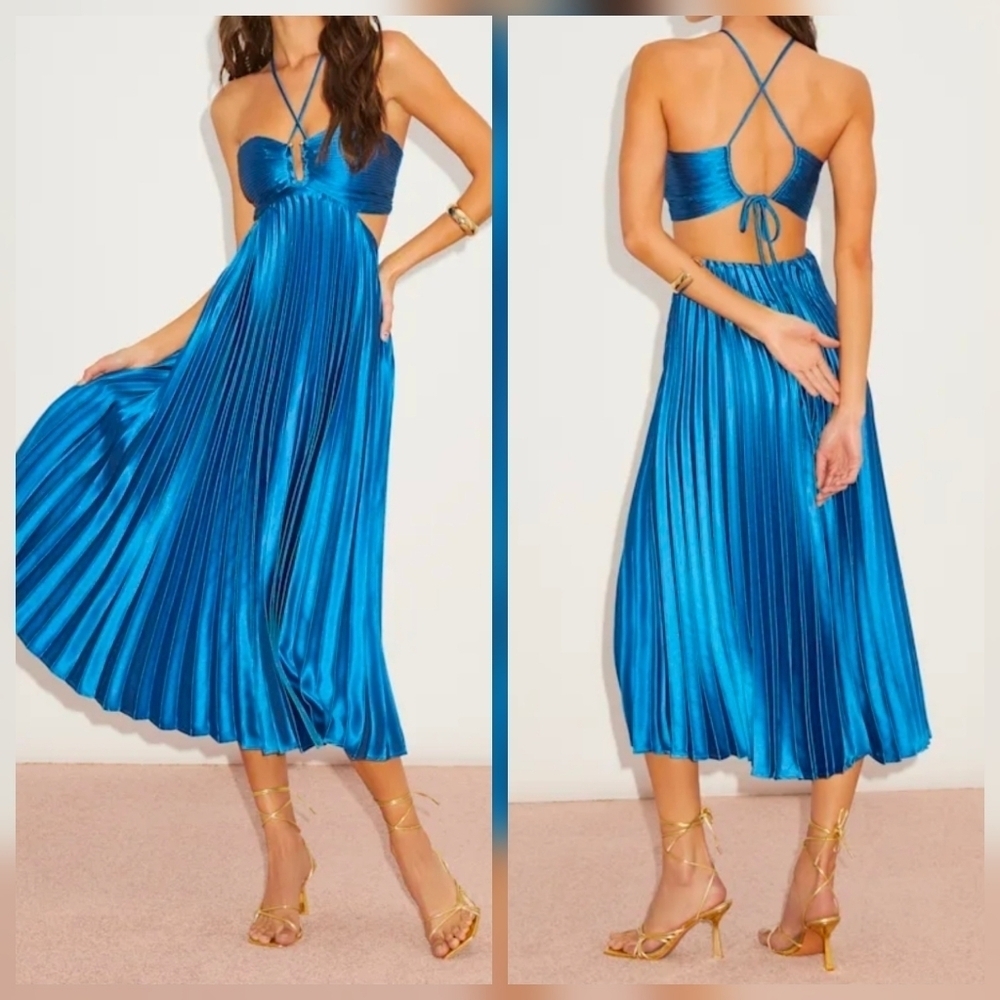 Lulus Aerin Blue Satin Pleated Cutout Midi Dress, Size Medium